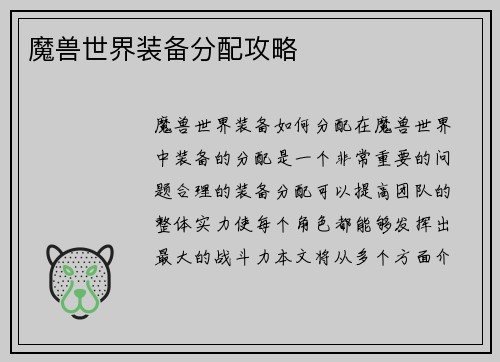 魔兽世界装备分配攻略
